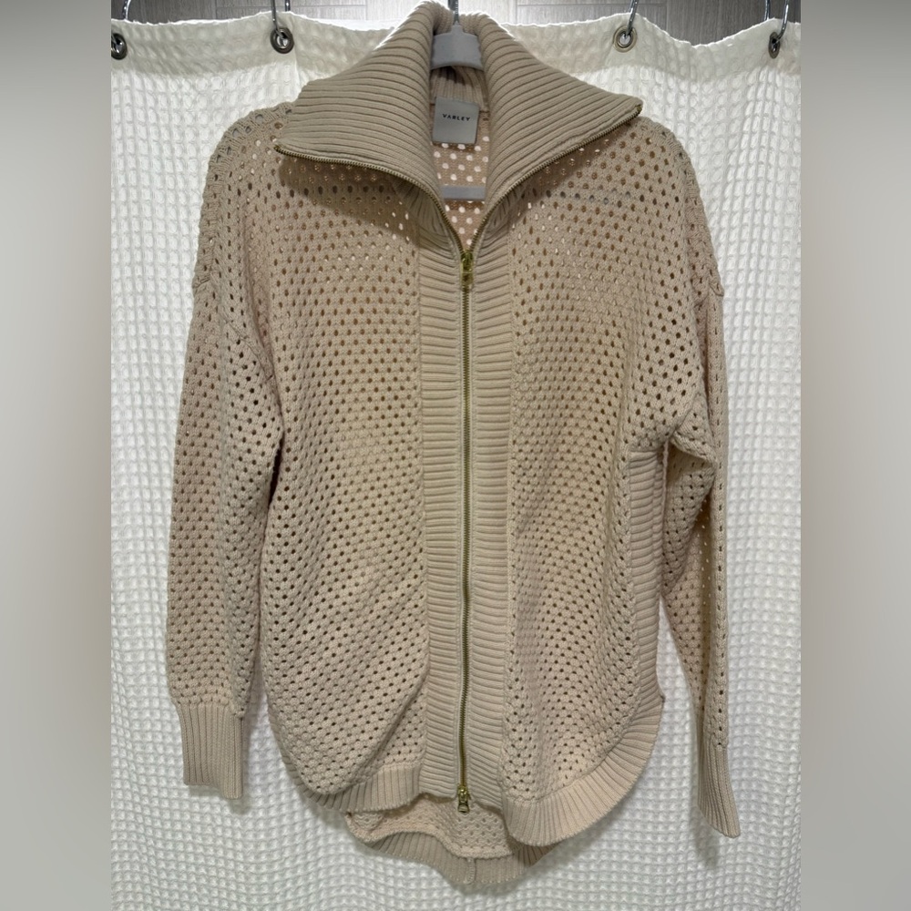Varley Finn Longline Knit Jacket (100% cotton, cream, size XS, oversized fit)